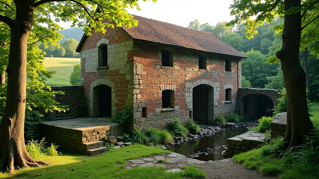 Senovės malūno likučiai — akmenys ir šakos, kuriose augimas medžio šaknų