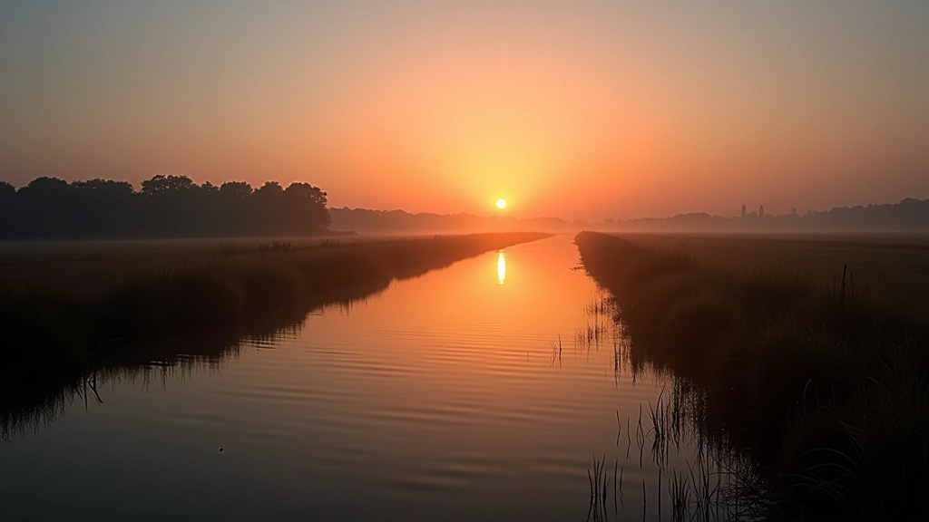Vakarinis vaizdas ant vandens griovio, saulė leidžiasi horizonte, rami atmosfera